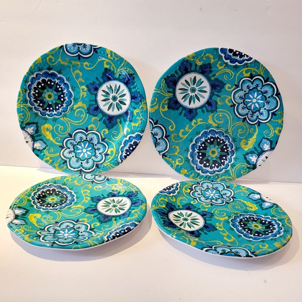 Cynthia Rowley 4 Blue Green Hobnail Floral Melamine Medallion 9" & 11" Plates